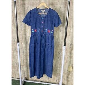 Olivia Rose Sz 8 Petite Chambray Button Up Midi Dress Vintage Embroidered Tea
